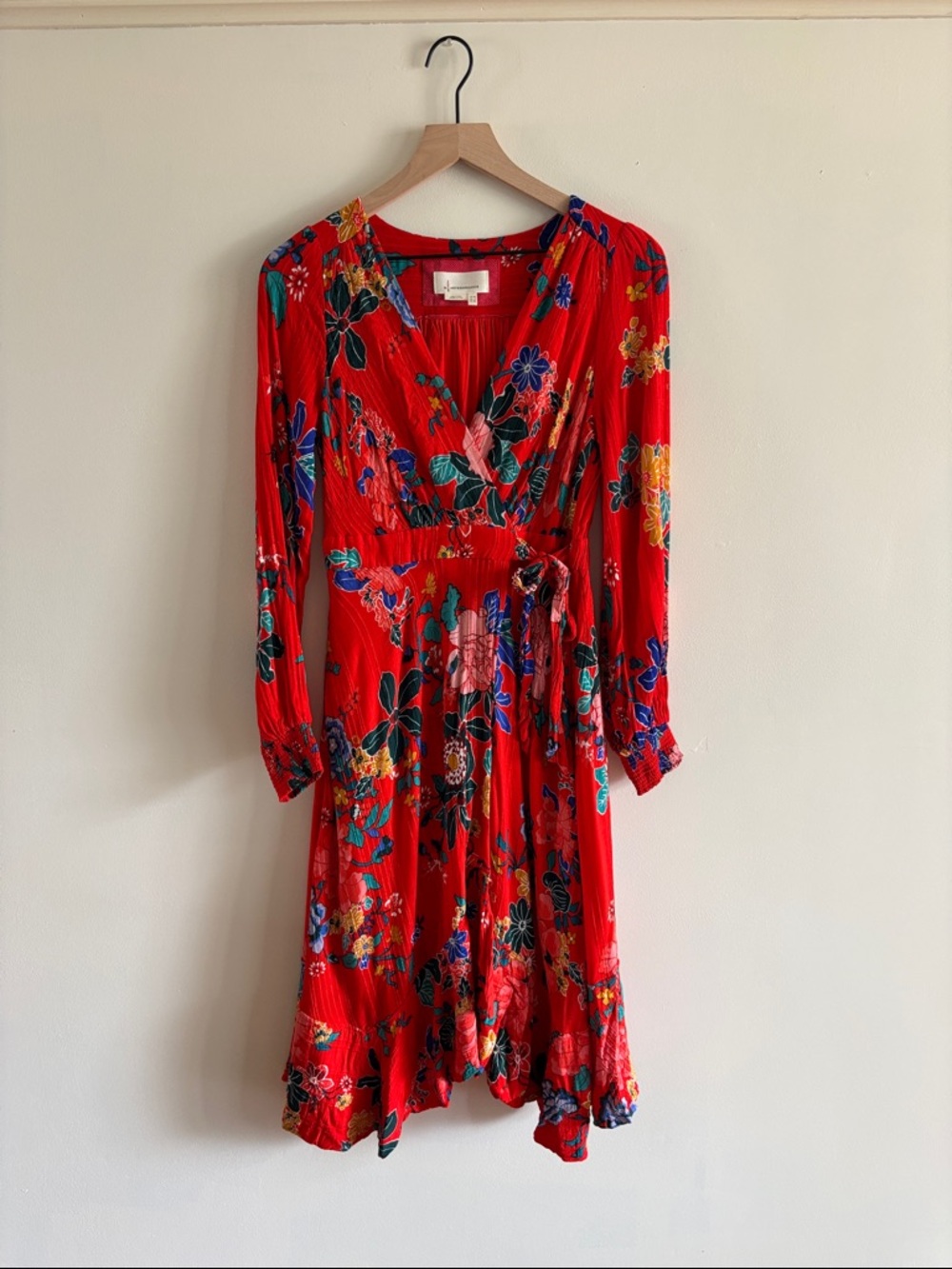 Anthro • Red Floral Wrap Dress with Tie Waist